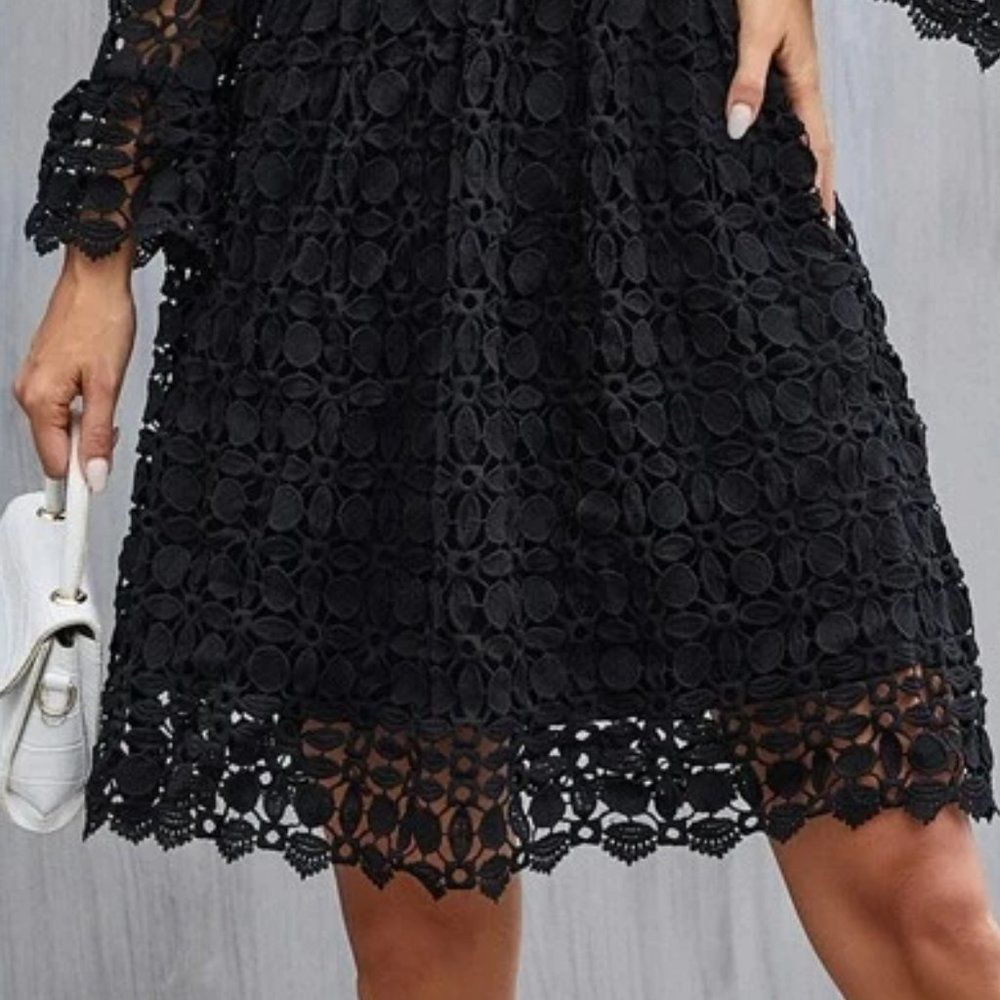 Elegant French Fit-n-Flare Cut Romantic Gupuire Lace Paneled Dress All Black - Picture 7 of 10
